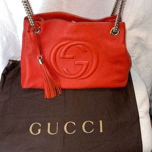 GUCCI SOHO ORANGE LEATHER HANDBAG W/DUST COVER- 15”W 12”H 5” D